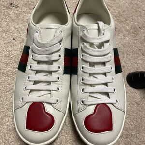 White Gucci Sneakers with Red Heart Accents